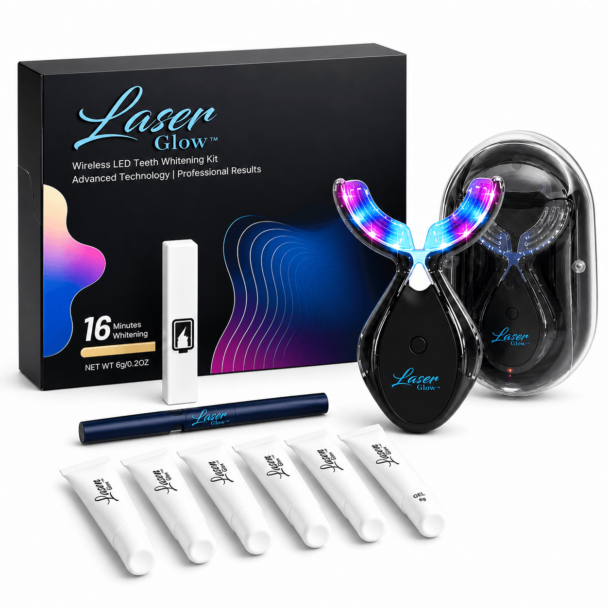 LaserGlow wireless LED teeth whitening kit with UV sanitizer case, whitening pen and six carbamide peroxide gel tubes