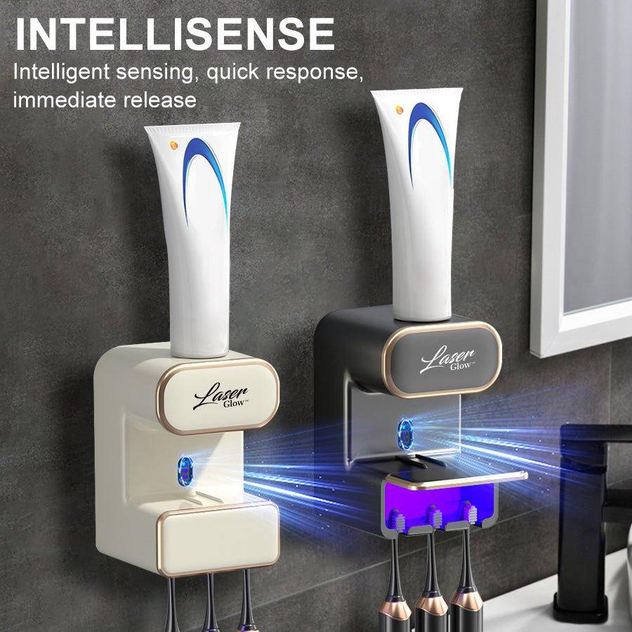 LaserGlow automatic toothpaste dispenser with UV light sanitizer for hands-free, hygienic dispensing