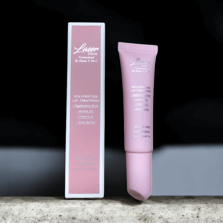 LaserGlow Polypeptide Lip Repair Oil with luxury packaging and bottle, enriched with HA5 Hyaluronic Acid, Arnica, Vitamin E, and Shea Butter for glossy hydrated lips