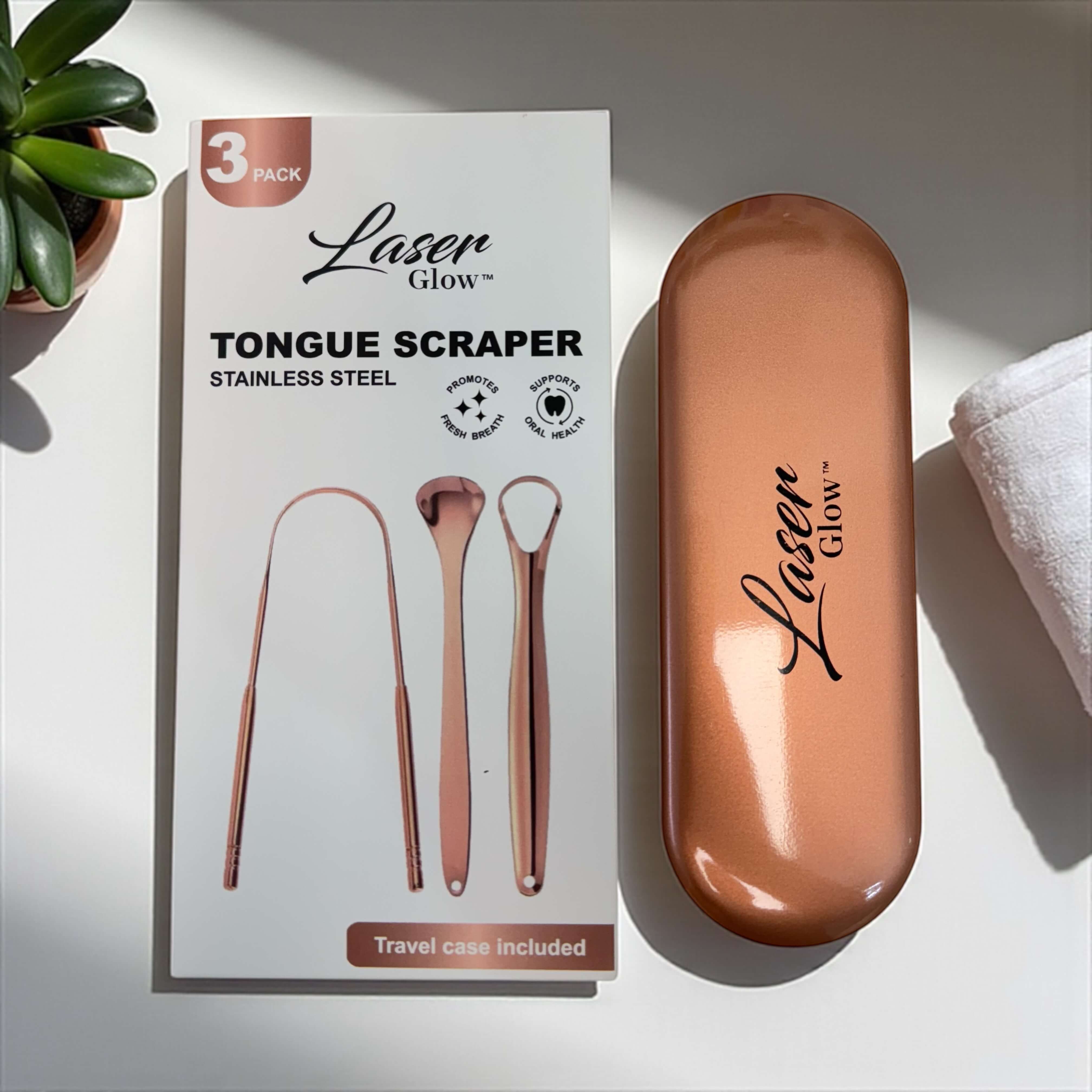 LaserGlow rose gold tongue scraper set with 3 stainless steel cleaners and compact travel case for oral hygiene