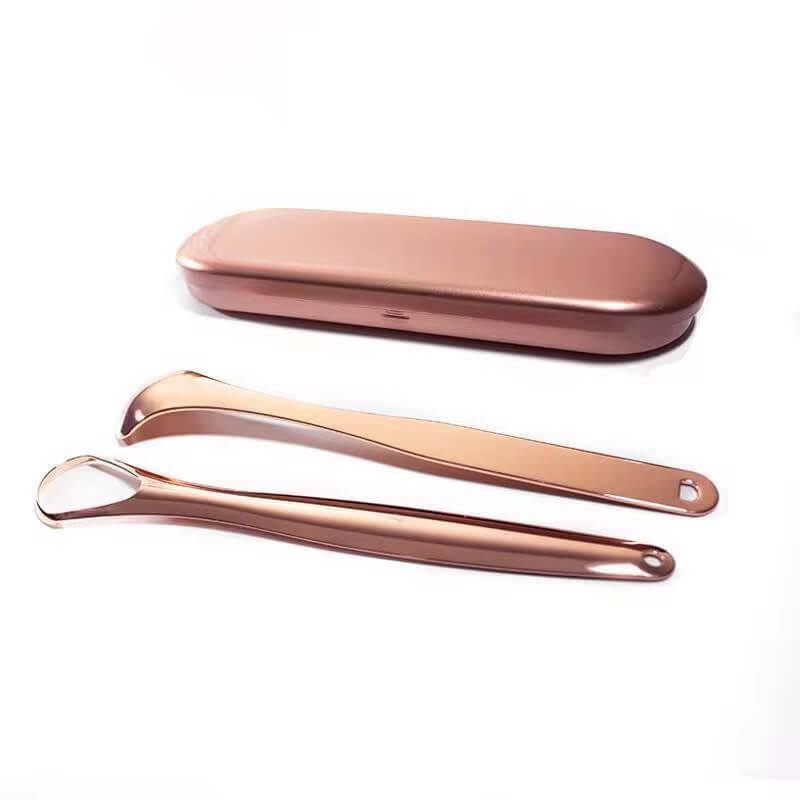 LaserGlow rose gold tongue cleaner and scraper 3-piece set for enhanced oral hygiene.