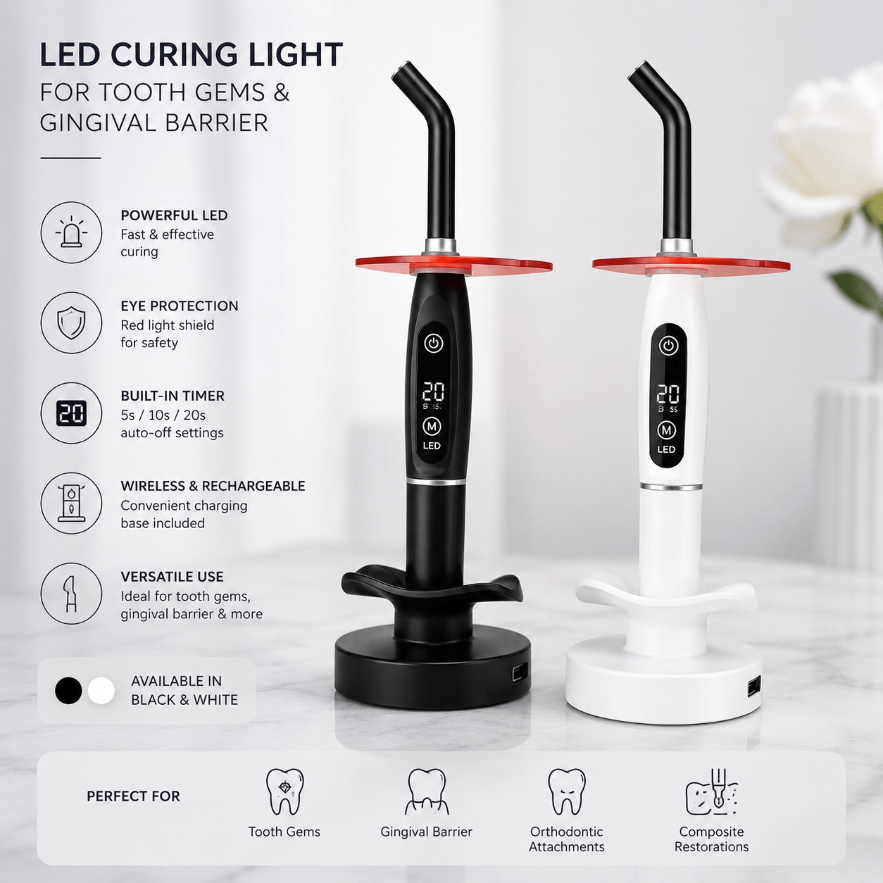 LED curing light for tooth gems and gingival barrier shown in black and white with charging base and feature callouts