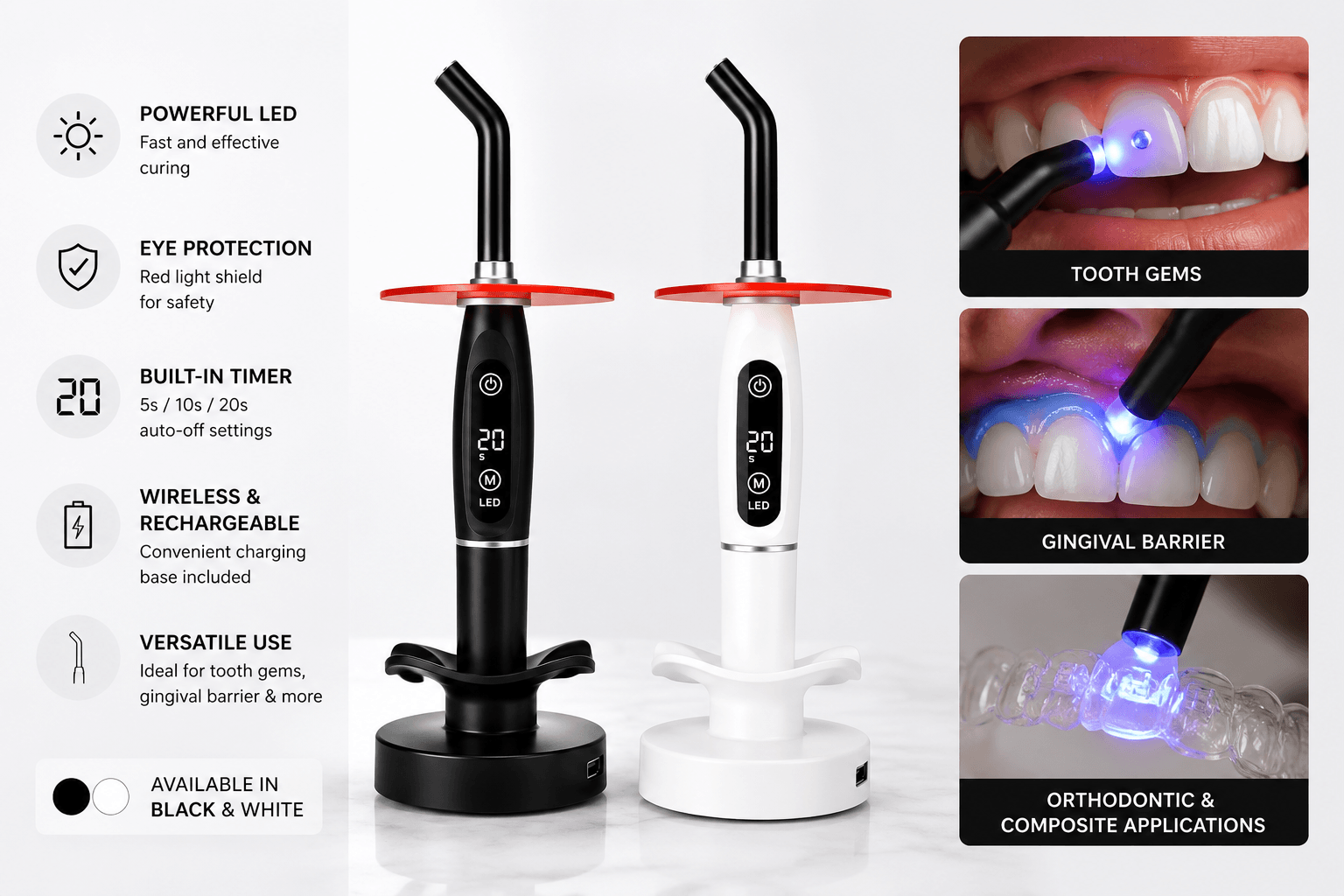 LED curing light for tooth gems and gingival barrier with black and white devices, built-in timer, red eye shield, and rechargeable charging base