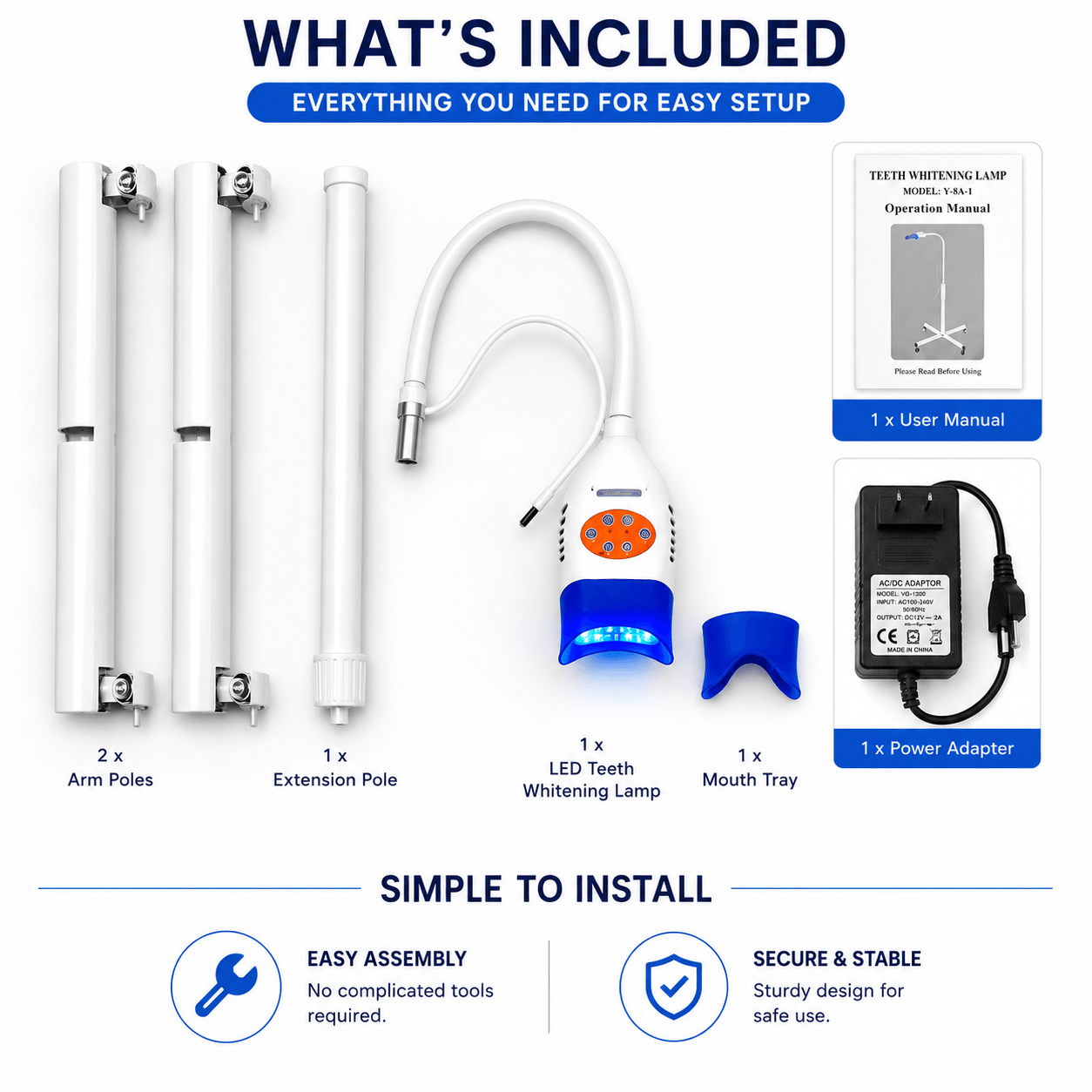 LED teeth whitening machine kit with adjustable stand, mouth tray, user manual, and power adapter for professional whitening setup