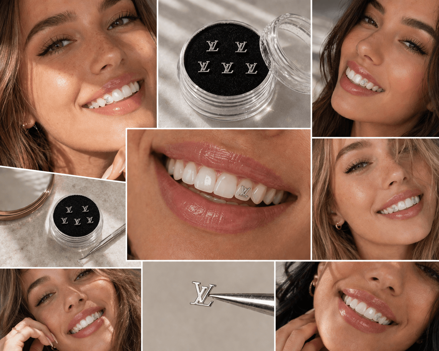 Lifestyle collage featuring silver LV-inspired tooth gems, five metallic tooth gems in an acrylic display case, and close-up smile photos showing luxury tooth jewelry worn on teeth.