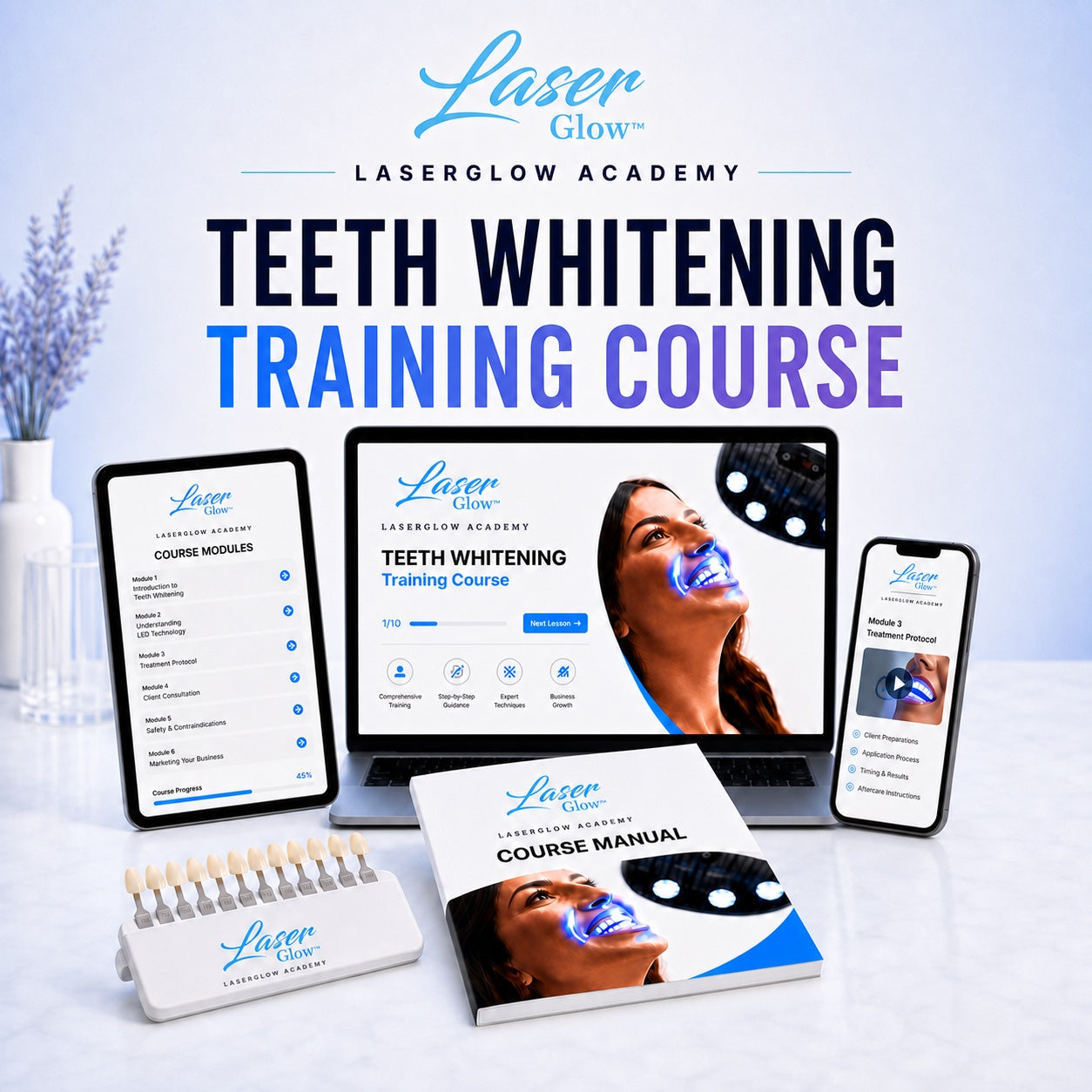 LaserGlow online teeth whitening certification training course with digital lessons, manual and shade guide