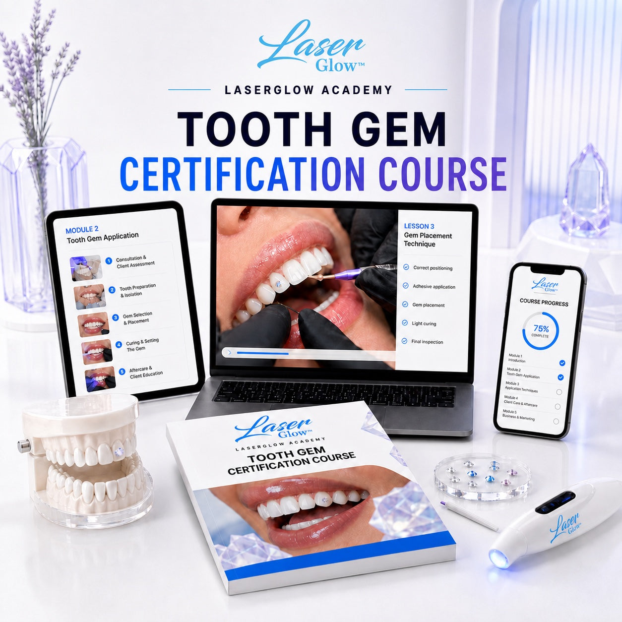 LaserGlow online tooth gem certification course with application lessons, manual and professional tools