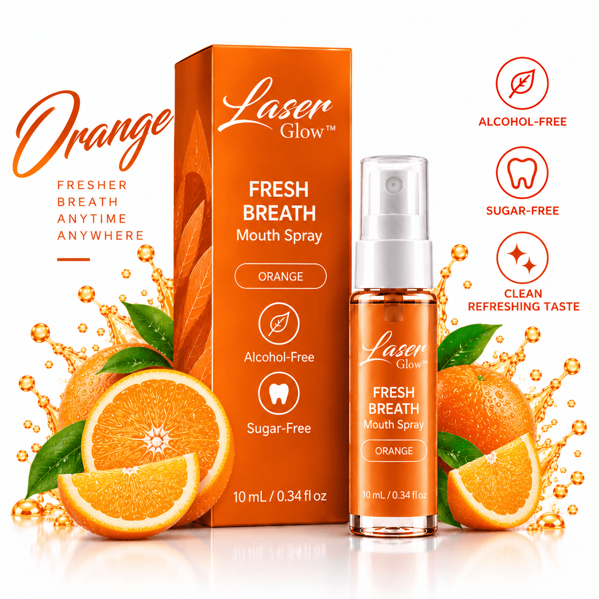 LaserGlow orange flavored breath spray for fresh breath throughout the day.
