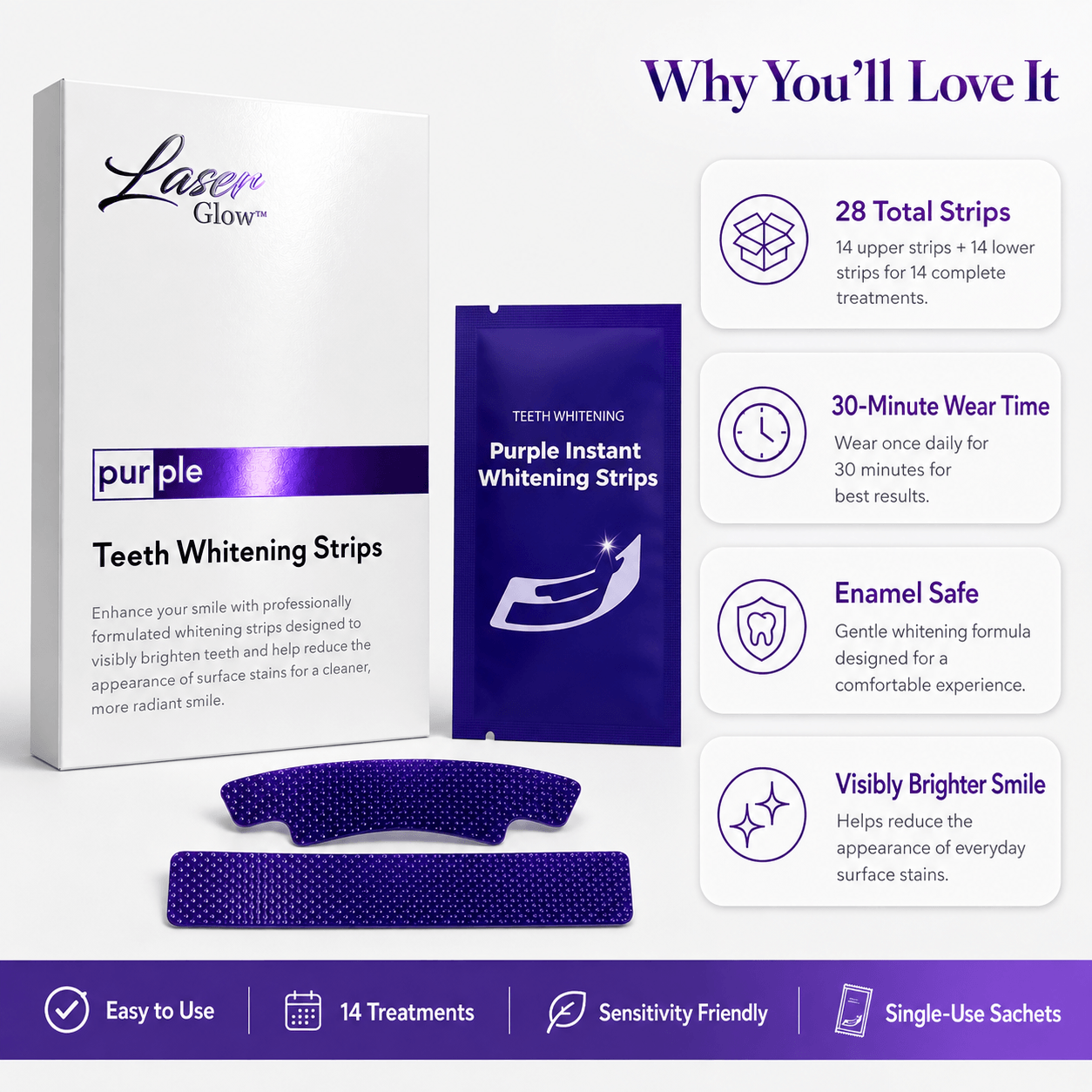 LaserGlow PAP purple teeth whitening strips with enamel-safe, sensitivity-friendly formula for reducing surface stains