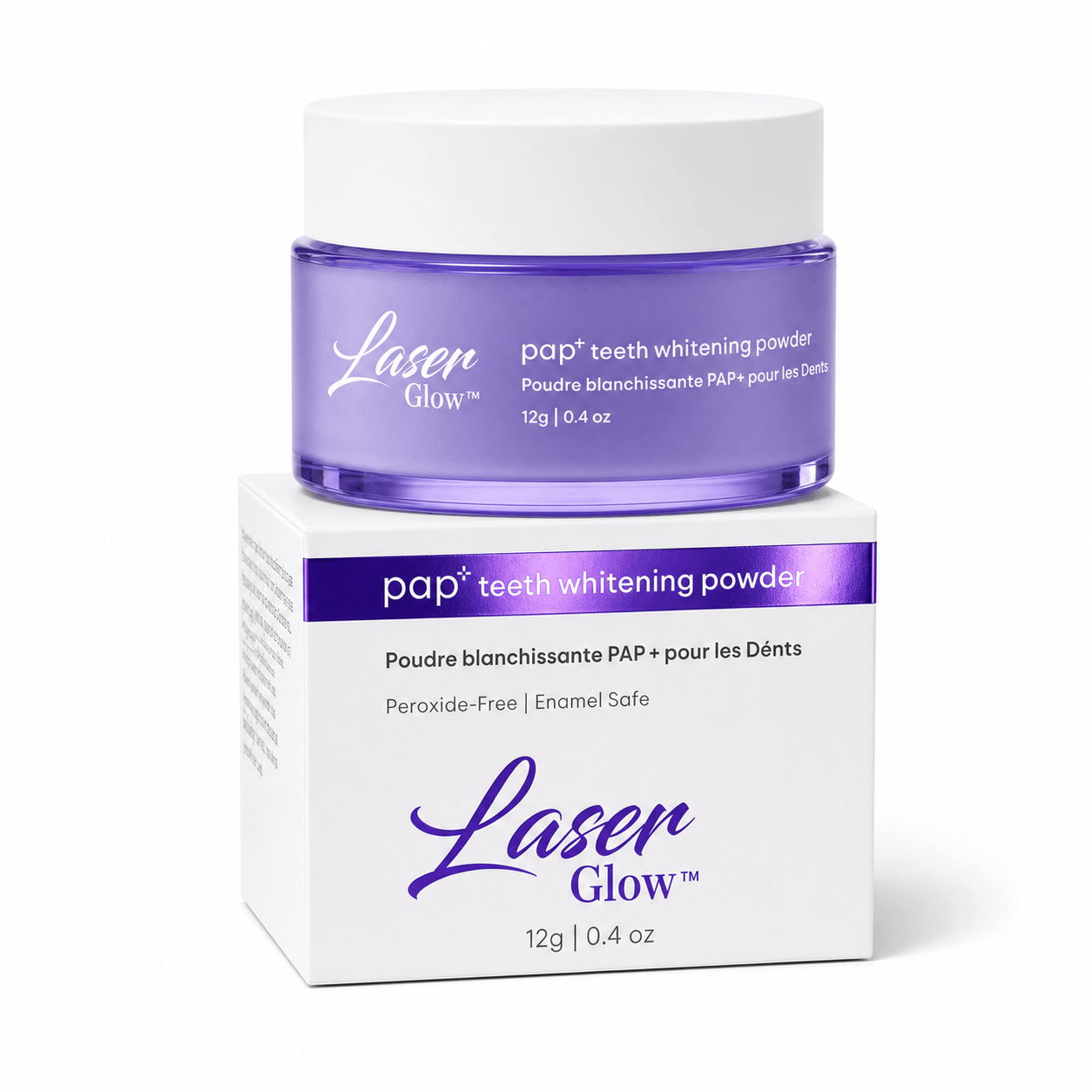 Right-angled view of LaserGlow PAP+ teeth whitening powder with matte purple jar, glossy rims and reflective foil box