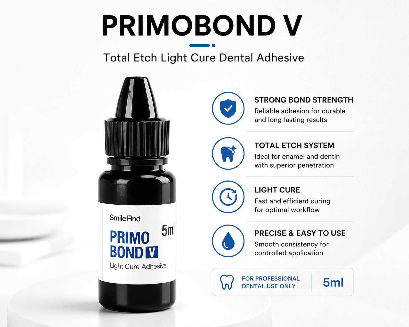 Primobond V total etch light cure dental adhesive for professional tooth gem bonding and dental adhesive application