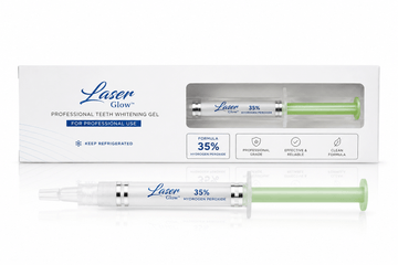 Professional 35% hydrogen peroxide teeth whitening gel syringe with LaserGlow packaging for in-office whitening treatments