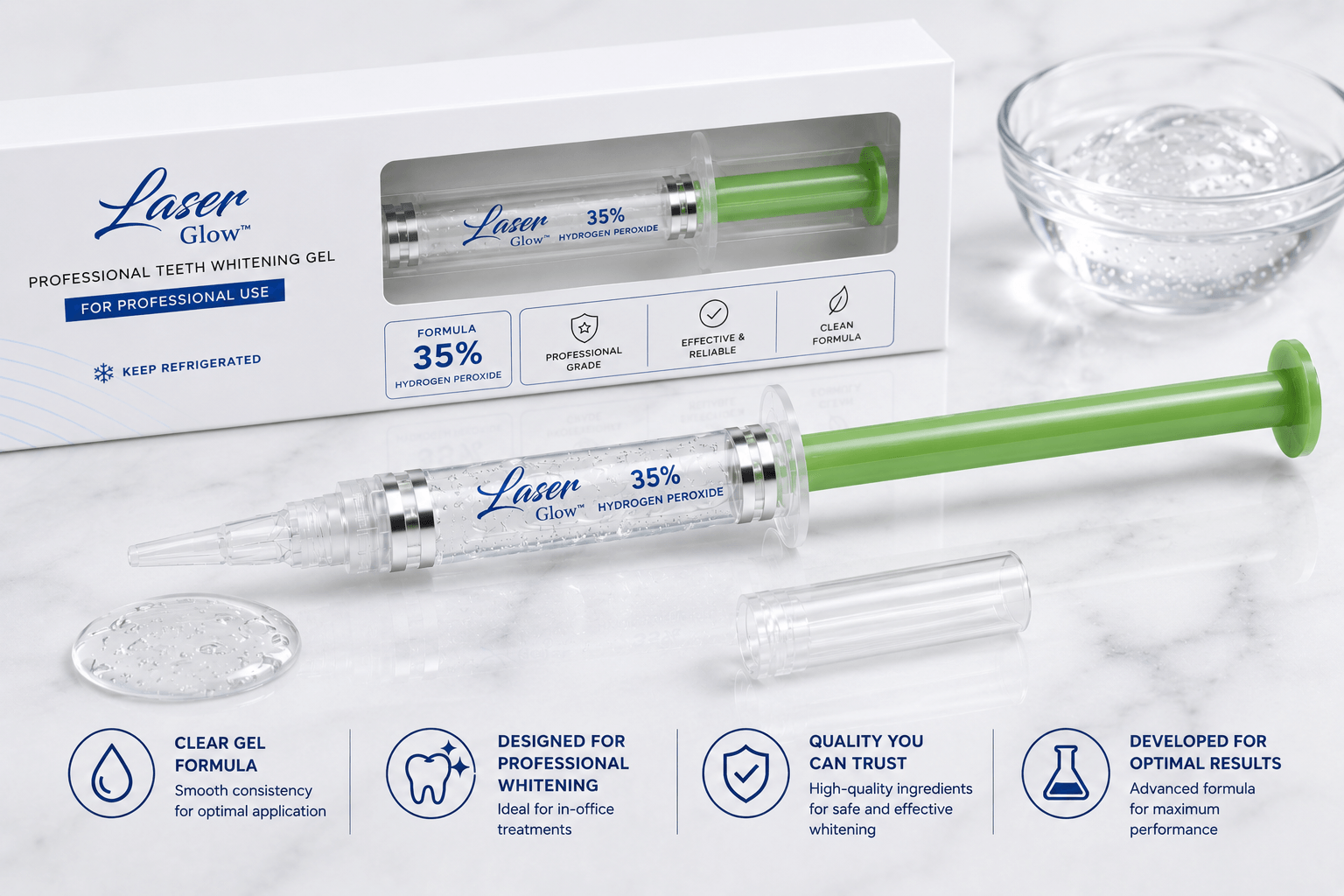 Professional 35% hydrogen peroxide whitening gel by LaserGlow for in-office teeth whitening treatments with clear thick gel formula