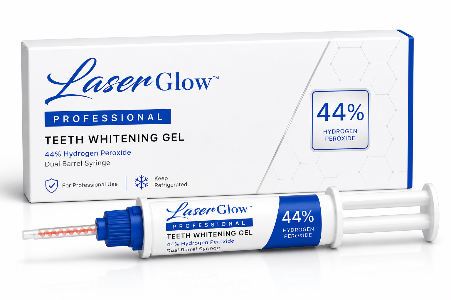 44% hydrogen peroxide professional teeth whitening gel dual barrel syringe by LaserGlow for whitening technicians and dental professionals