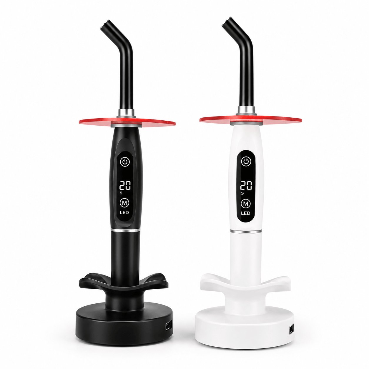 Professional LED curing light for tooth gems and gingival barrier available in black and white with charging bases
