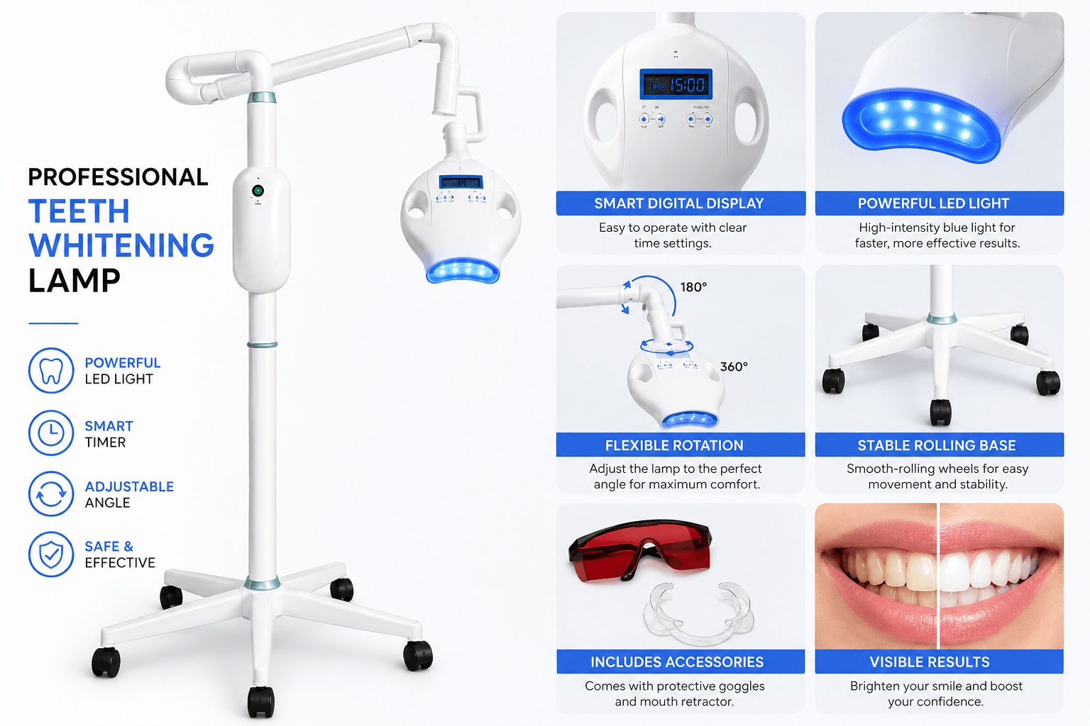 Professional LED teeth whitening lamp with smart timer, flexible rotation, rolling base, protective goggles, and mouth retractor