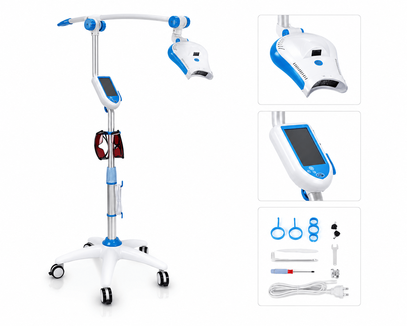 Professional LED teeth whitening machine with touch control panel, whitening lamp head, mobile stand, and included accessories