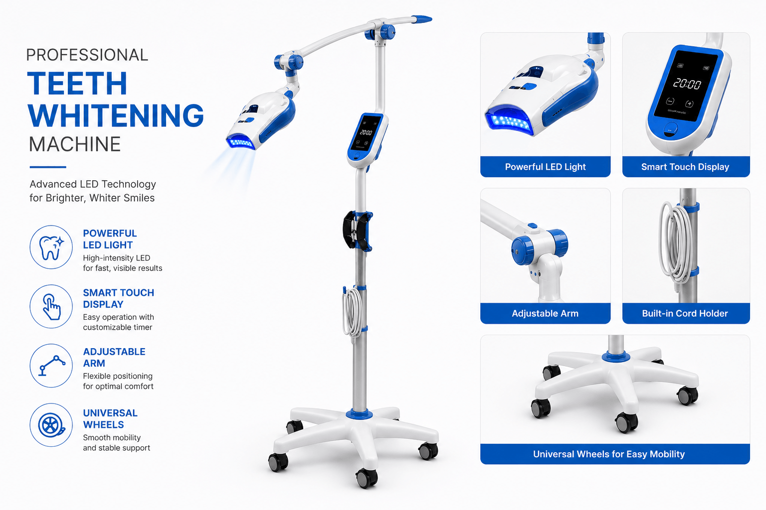 Professional LED teeth whitening machine with smart touch display, adjustable arm, powerful light source, cord holder, and universal wheels for in-office whitening treatments