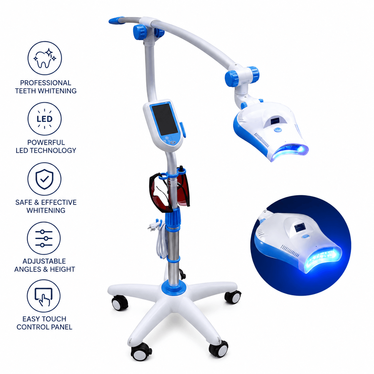 Professional LED teeth whitening machine with adjustable stand, touch control panel, and blue whitening light for in-office whitening treatments