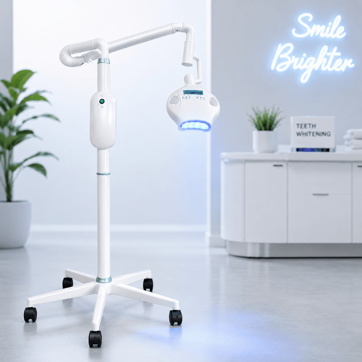 Professional LED teeth whitening machine with rolling stand, blue light lamp, protective goggles, mouth retractor, and before-and-after smile comparison