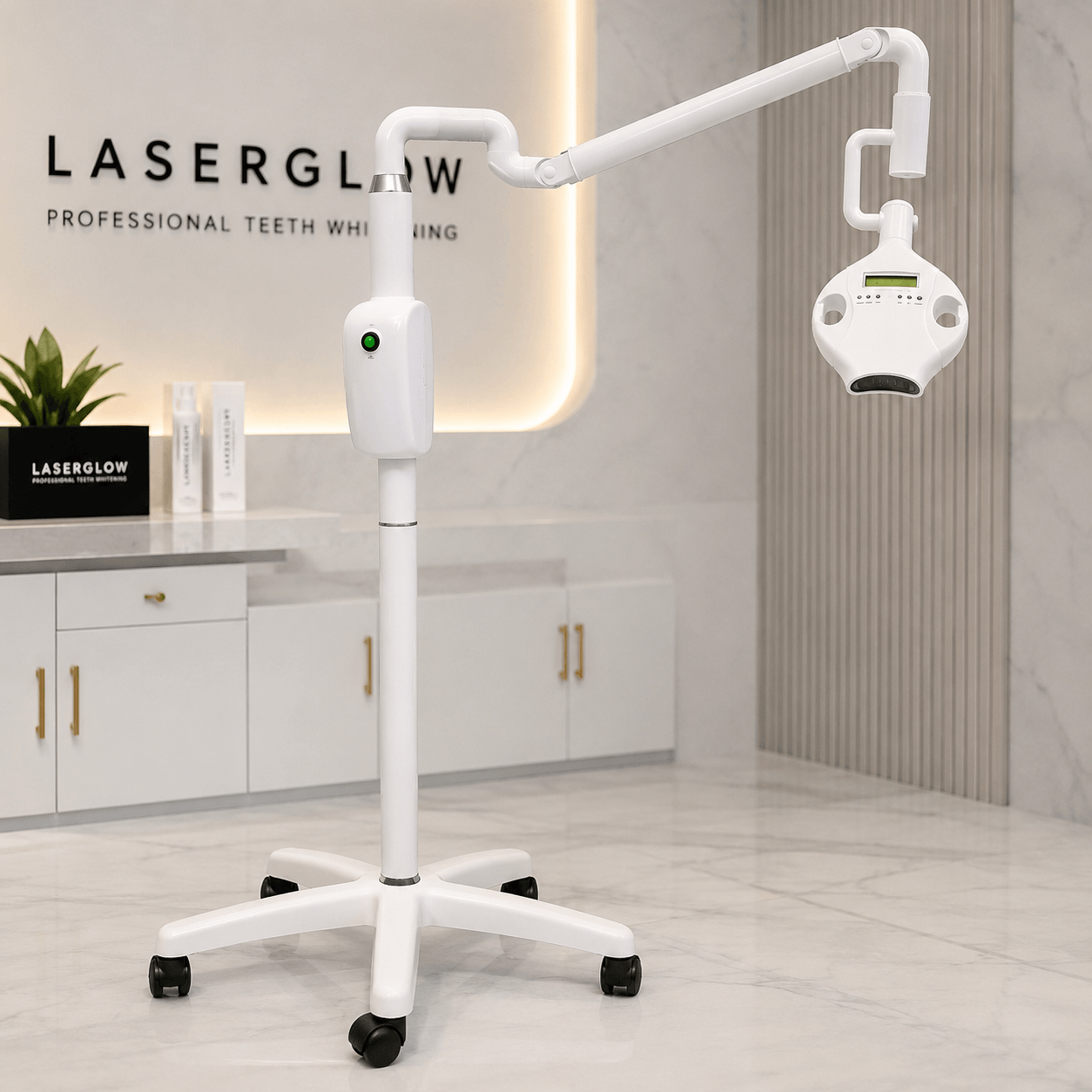 Professional mobile teeth whitening machine with adjustable arm and rolling base in a clinic treatment room