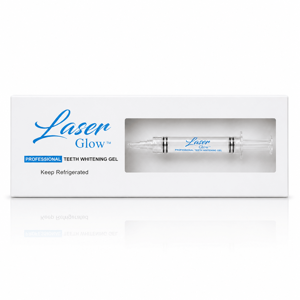 LaserGlow Professional Teeth Whitening Gel box with 35% hydrogen peroxide syringe in a clear display window on a bright white studio background.