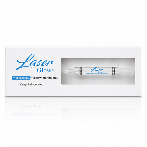 LaserGlow Professional Teeth Whitening Gel box with 35% hydrogen peroxide syringe in a clear display window on a bright white studio background.