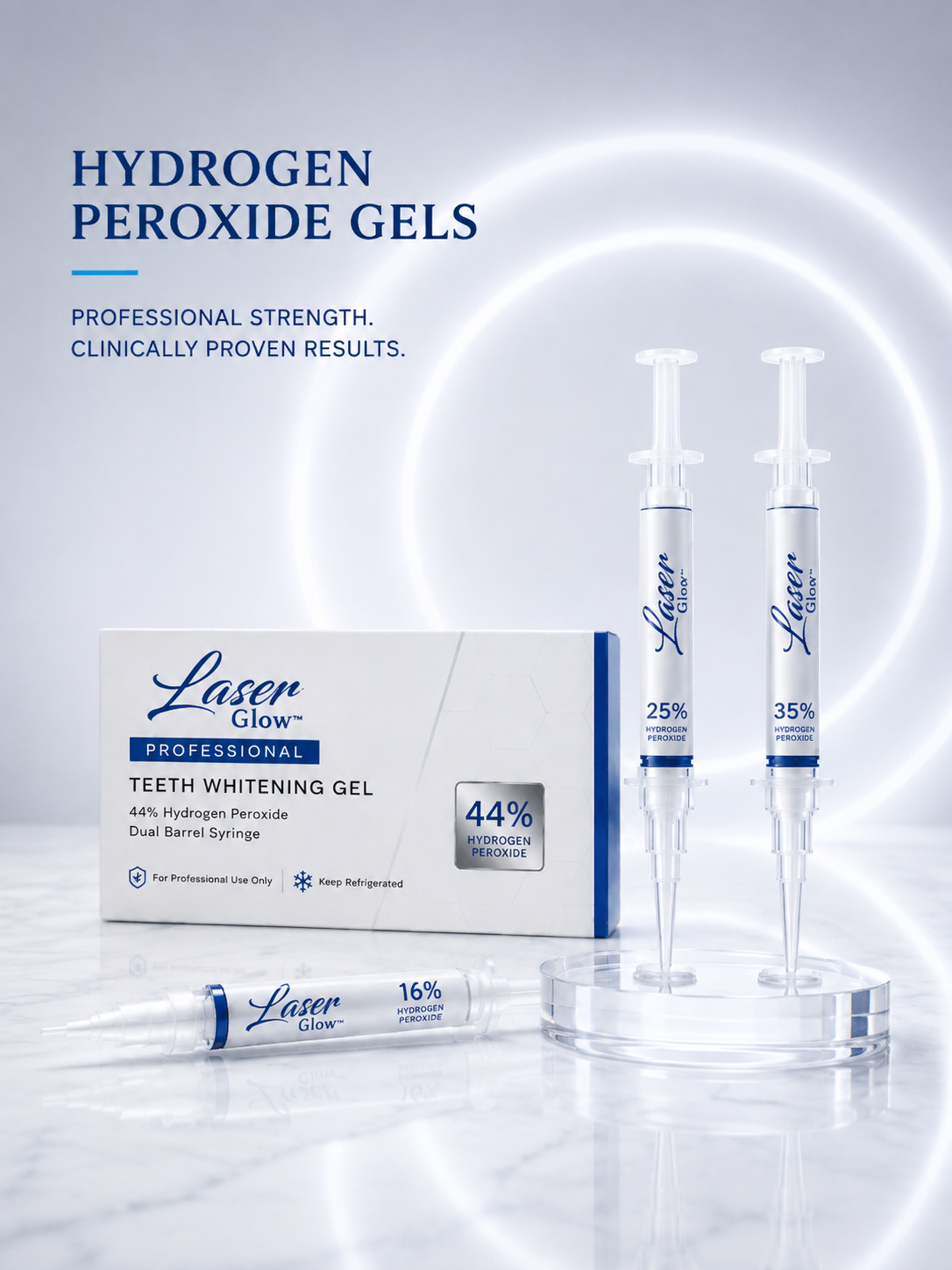 LaserGlow professional teeth whitening gel supplies featuring hydrogen peroxide whitening gels in 16%, 25%, 35%, and 44% strengths for professional whitening treatments