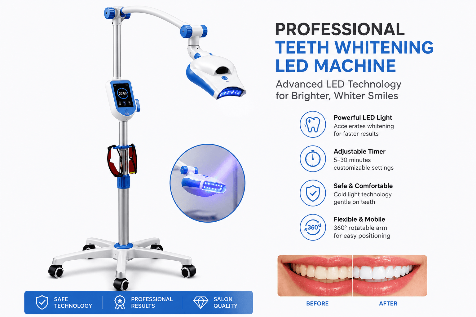 Professional teeth whitening LED machine with adjustable arm, smart touch display, powerful LED light, mobile wheeled base, and before-and-after whitening results