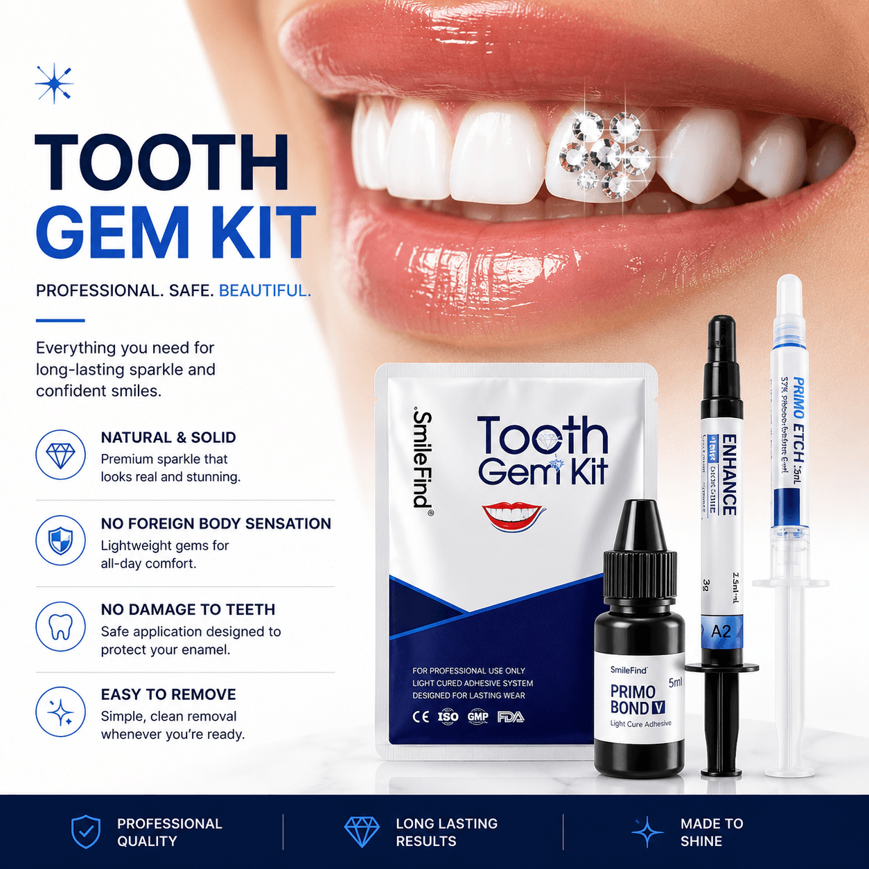 Professional tooth gem kit gallery image with adhesive, etch gel, bond, and sparkling tooth gem smile close-up