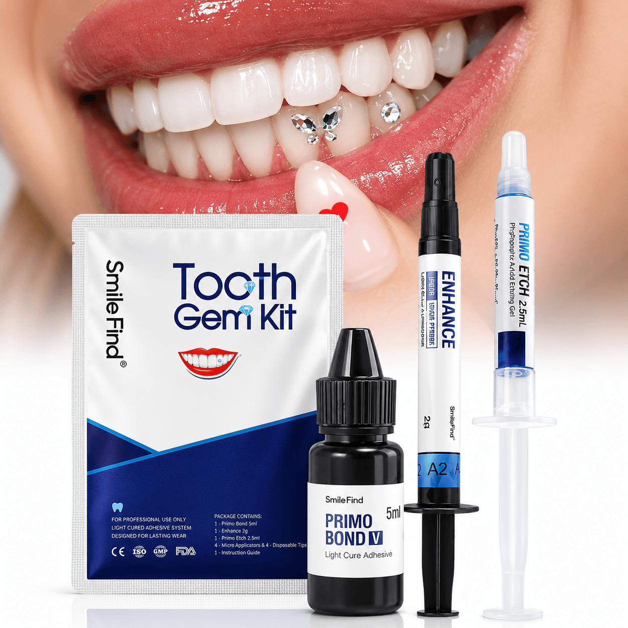 Professional tooth gem kit lifestyle product image with adhesive, etch gel, bond, and tooth gem smile close-up
