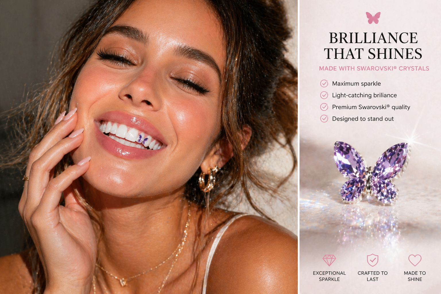 Lifestyle image of a smiling woman wearing a purple butterfly tooth gem made with Swarovski crystals showing high shine brilliance and glossy sparkle on white teeth