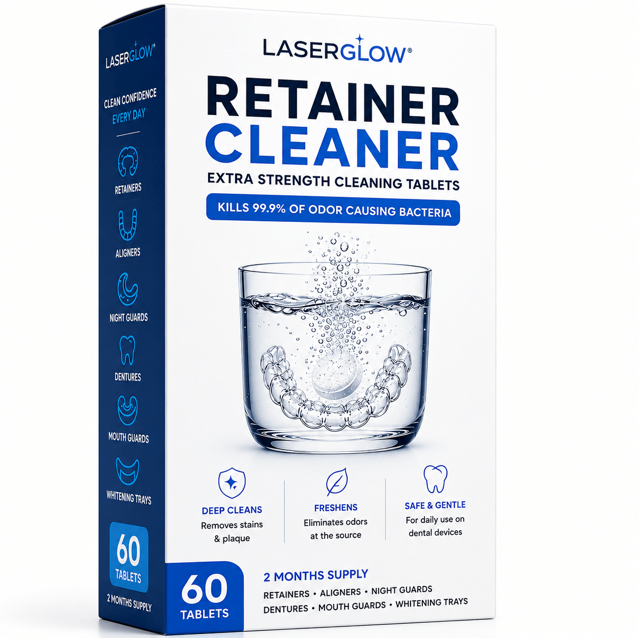 LaserGlow Retainer Cleaner Tablets 60 count box for retainers, Invisalign aligners, night guards, dentures, mouth guards, and whitening trays.