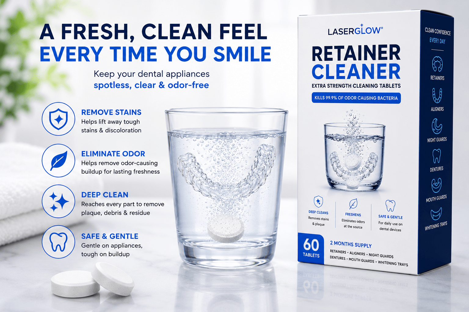 LaserGlow retainer cleaner tablets shown with bubbling water, clear dental retainer, and 60 count box for fresh, clean retainers, aligners, night guards, and whitening trays.