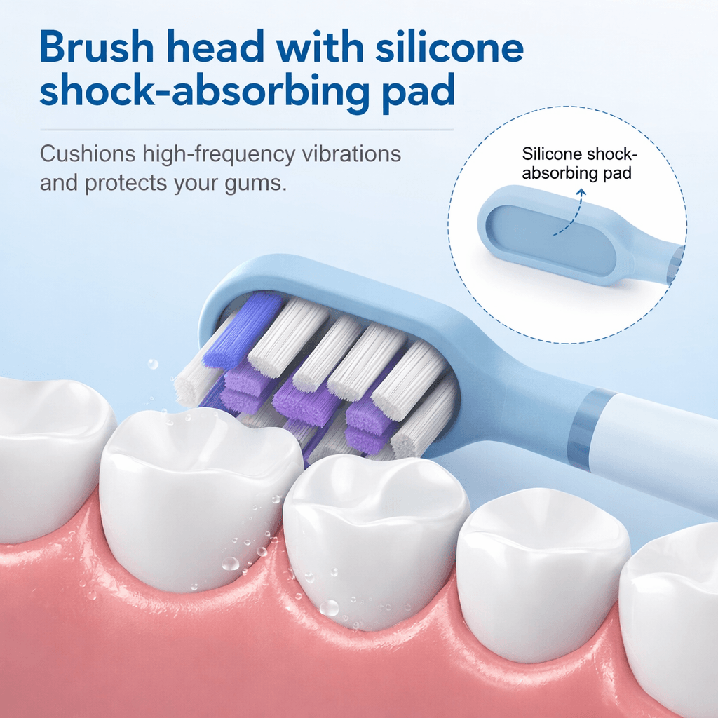 Sonic toothbrush head with silicone shock-absorbing pad for gentler brushing and gum comfort.