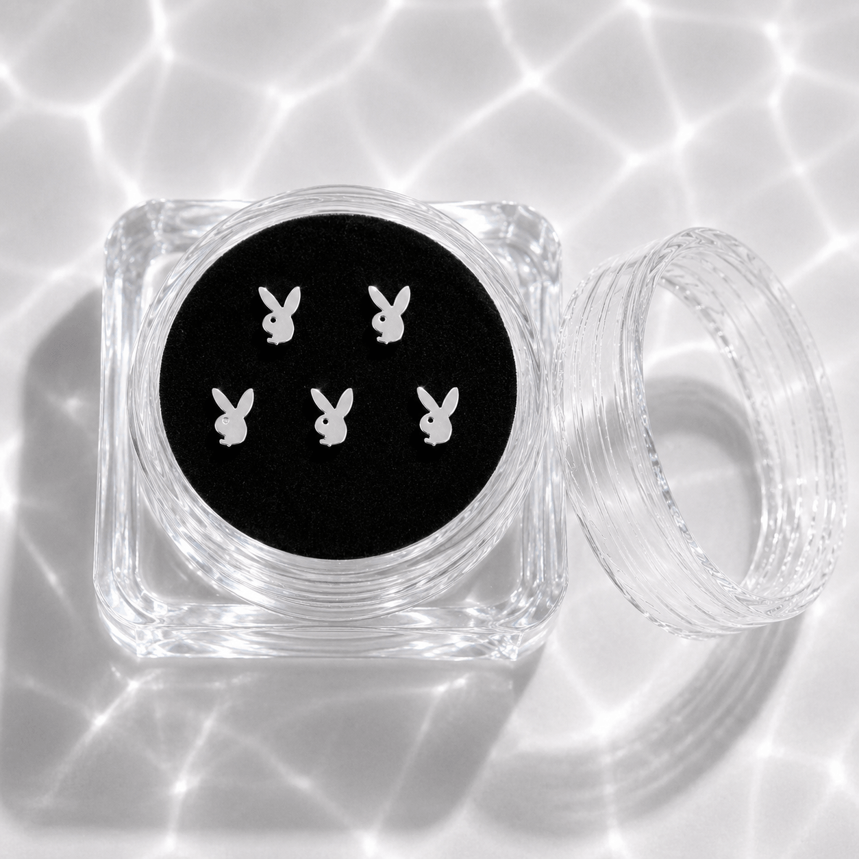 Five silver bunny tooth gem charms in a transparent acrylic display case