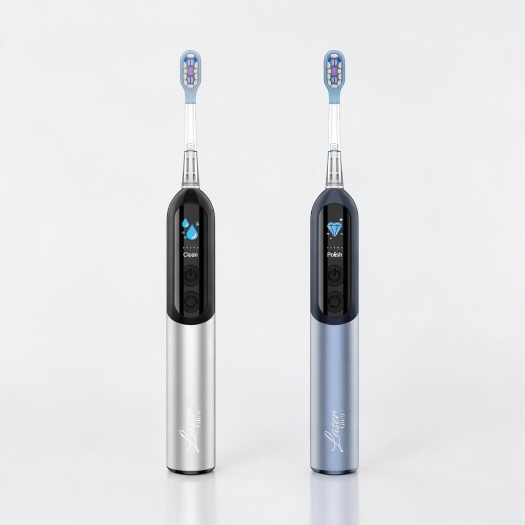 Laserglow Sonic electric toothbrush with metal body, soft bristles, and smart brushing features for daily plaque removal.