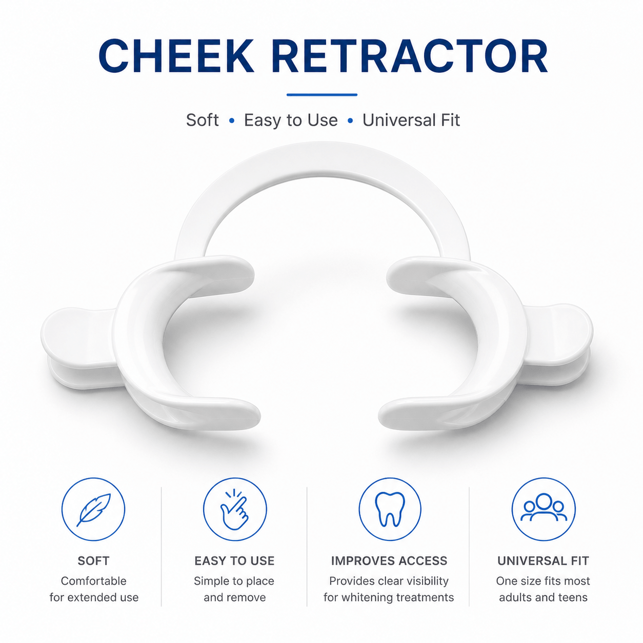 Soft plastic teeth whitening cheek retractor with universal fit for professional and at-home whitening treatments