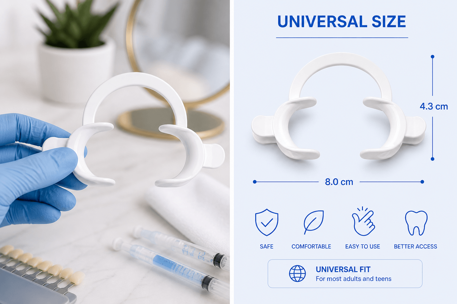 Soft plastic teeth whitening cheek retractor shown in use with universal size dimensions for better access during whitening treatments