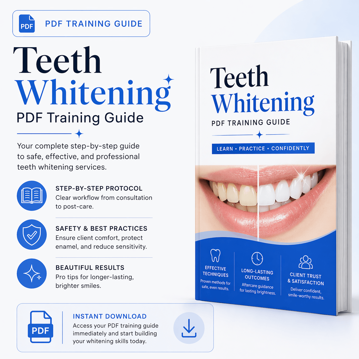 Teeth whitening PDF training guide cover showing step-by-step professional whitening protocol, safety best practices, client results, and instant download access.