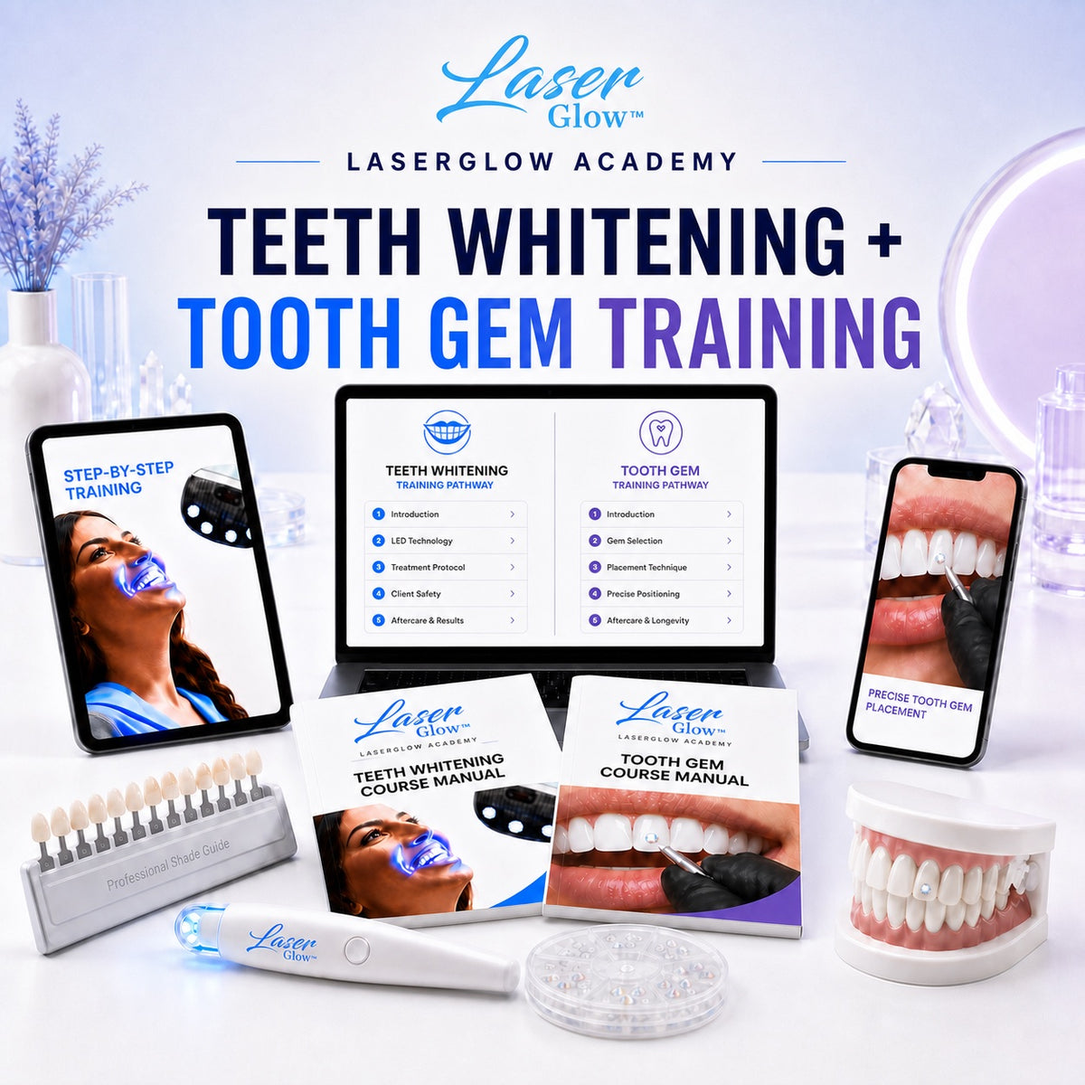 LaserGlow teeth whitening and tooth gem training bundle with online lessons and course manuals