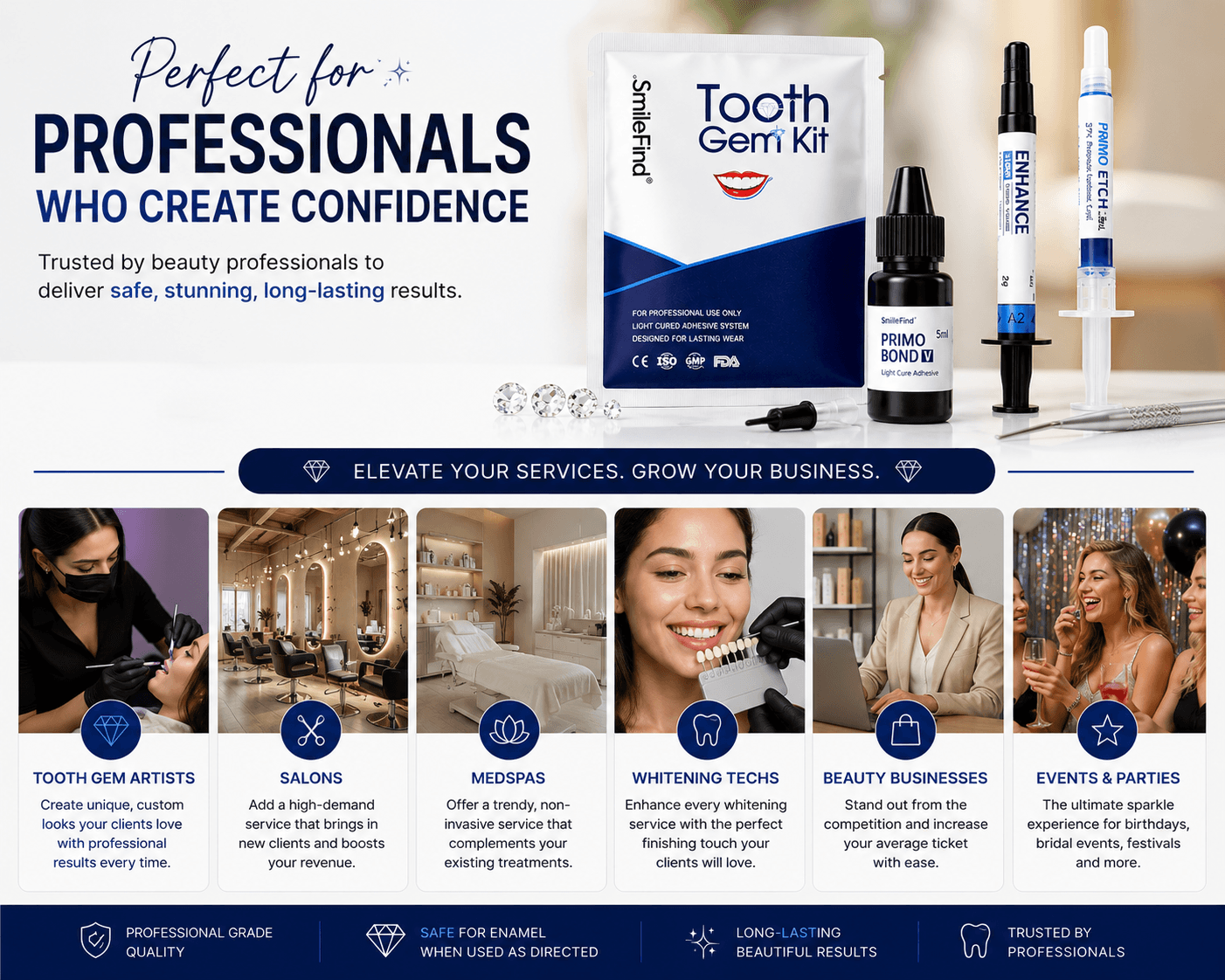 Tooth Gem Kit best for professionals gallery image showing use cases for tooth gem artists, salons, medspas, whitening techs, beauty businesses, and events