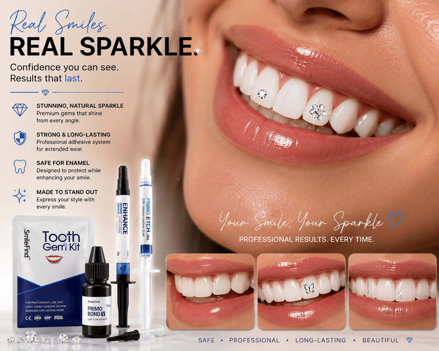 Tooth Gem Kit results lifestyle gallery image showing crystal tooth gems on a real smile with professional application products