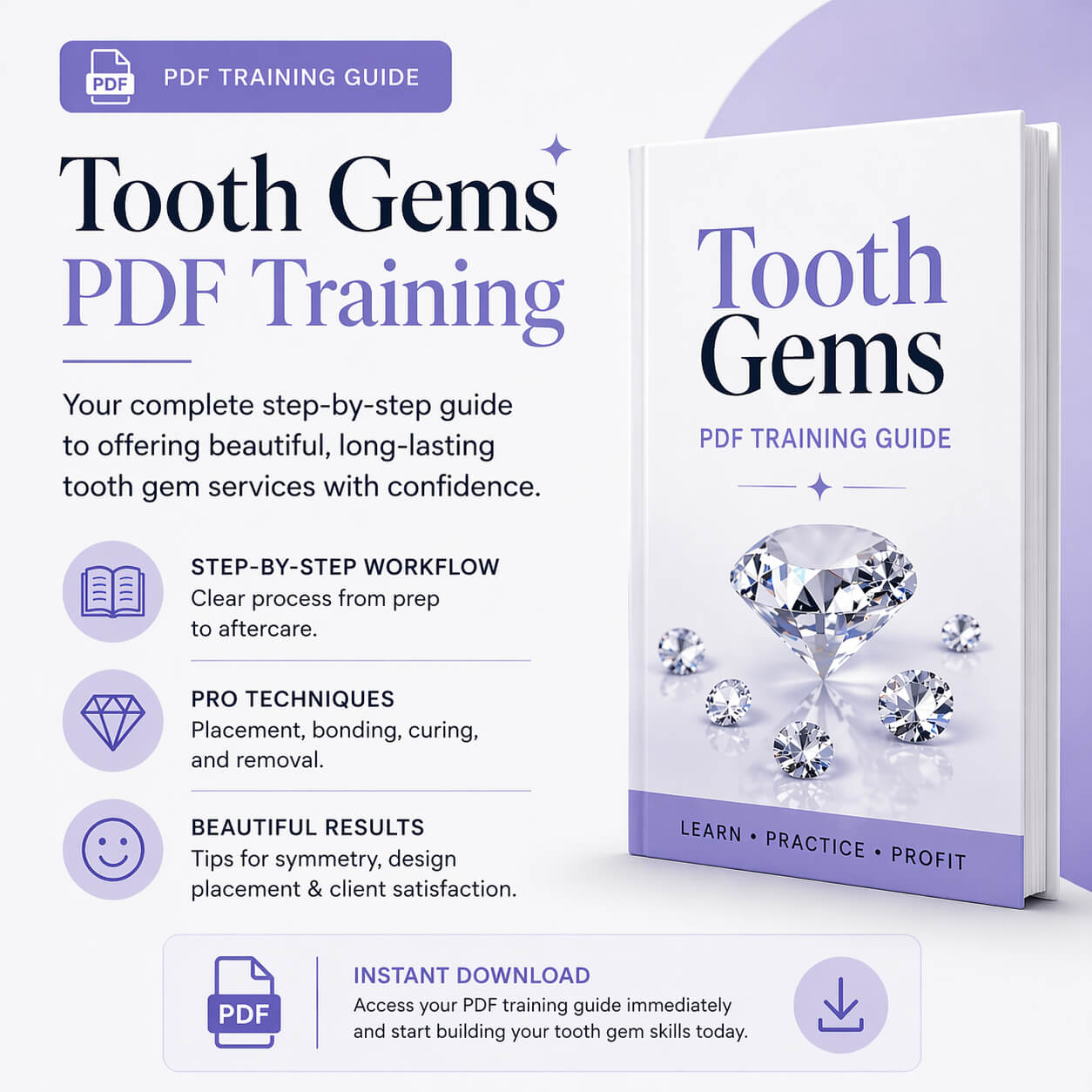 Tooth gem PDF training guide cover showing step-by-step professional tooth gem application, bonding, curing, placement, removal, and aftercare.