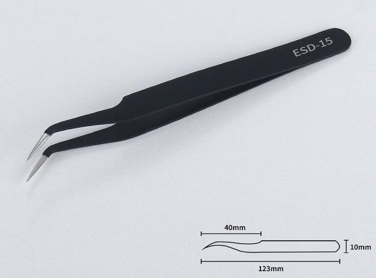 ESD-17 curved fine-tip tooth gem tweezers used to pick up and place tooth gems with precision.