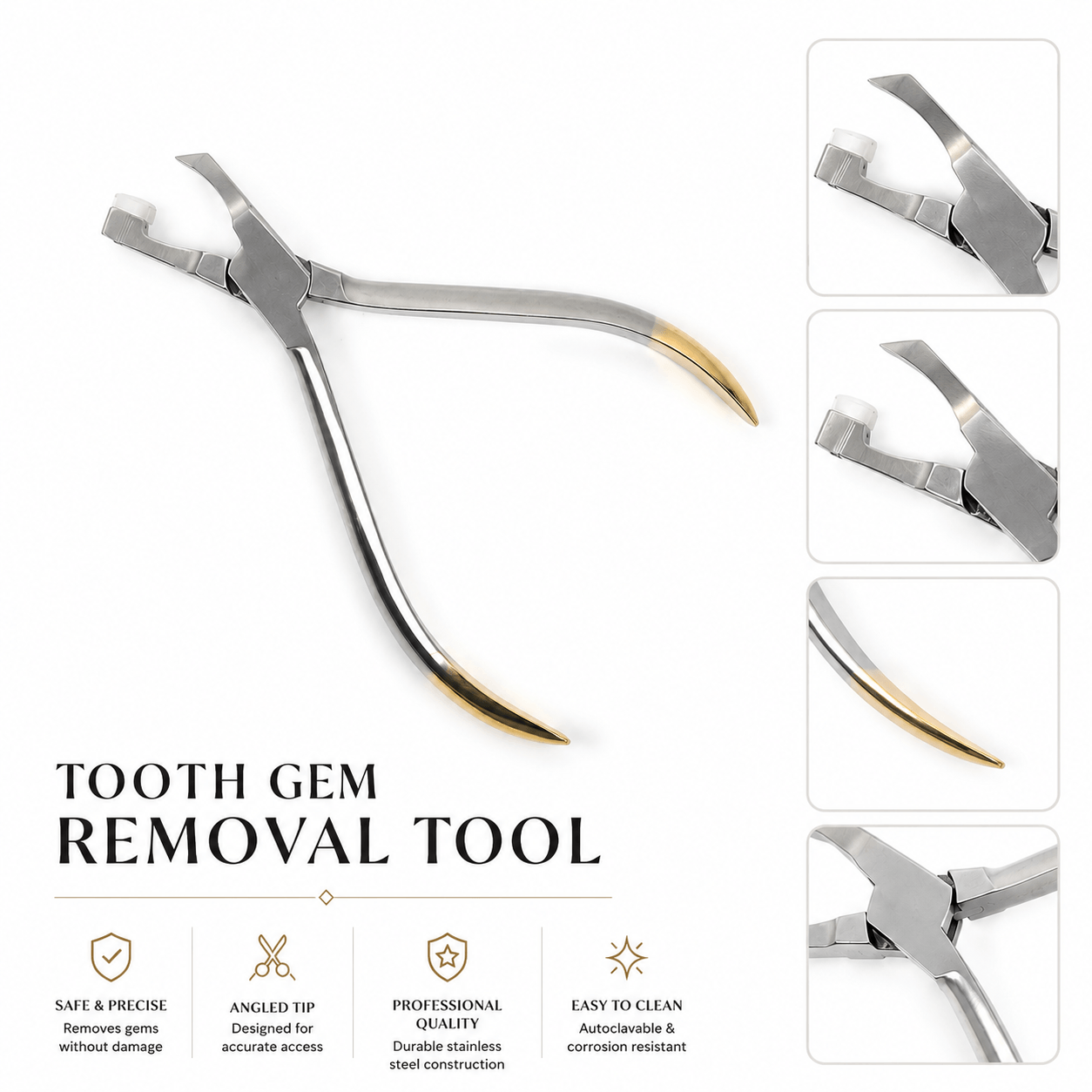 Professional stainless steel tooth gem removal tool with angled tip and protective cushion for safe, precise tooth jewelry removal.