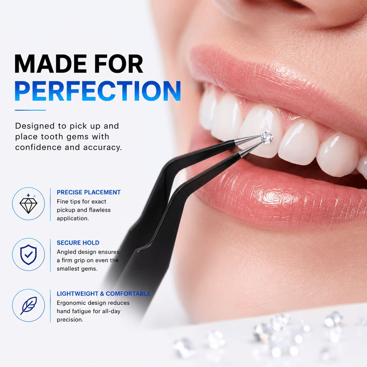 LaserGlow tooth gem tweezer placing a clear crystal tooth gem with precision for professional tooth gem application