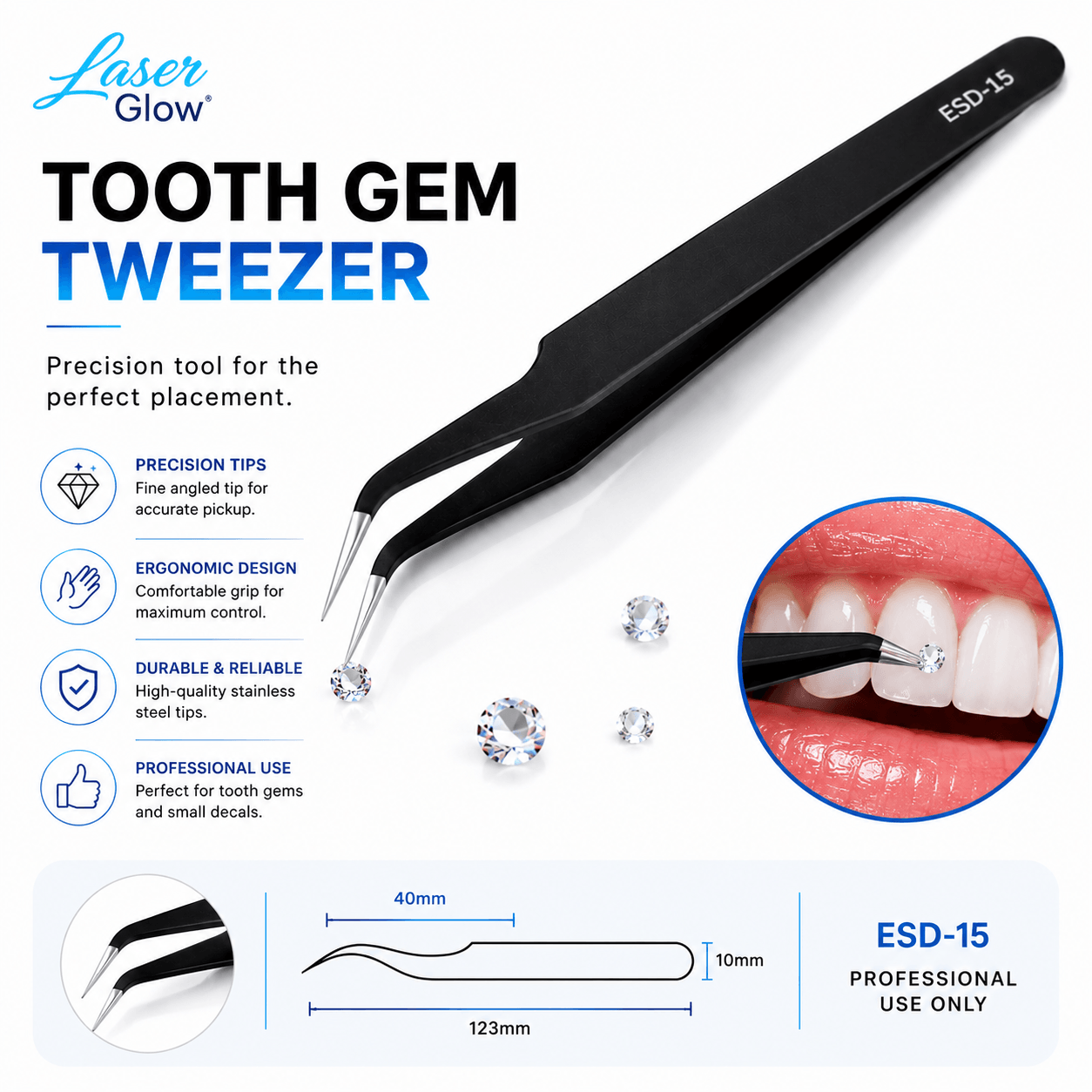 LaserGlow tooth gem tweezer infographic showing angled precision tips, ergonomic grip, stainless steel tips, and tooth gem placement use