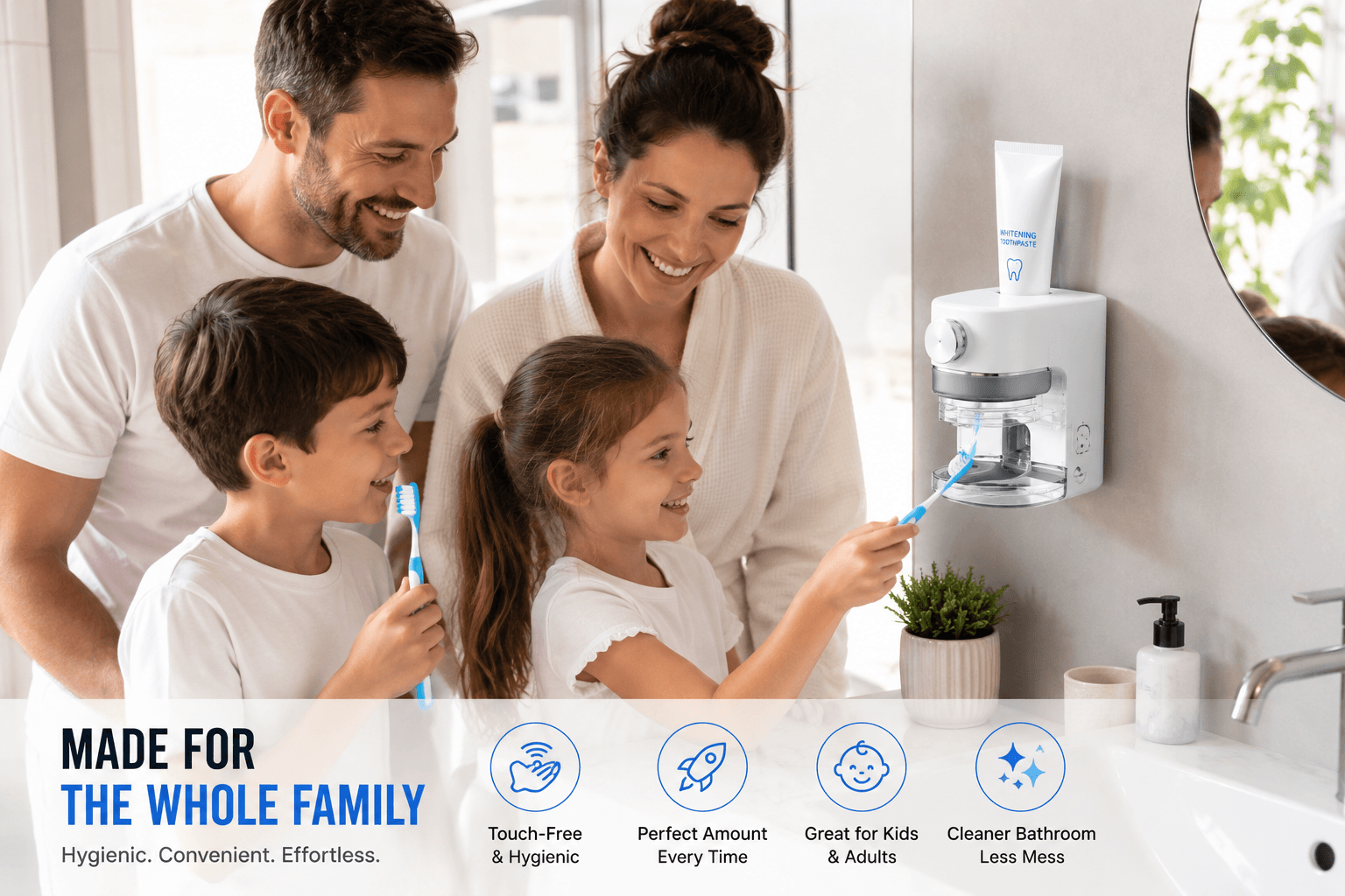 family using an automatic toothpaste dispenser in bathroom.