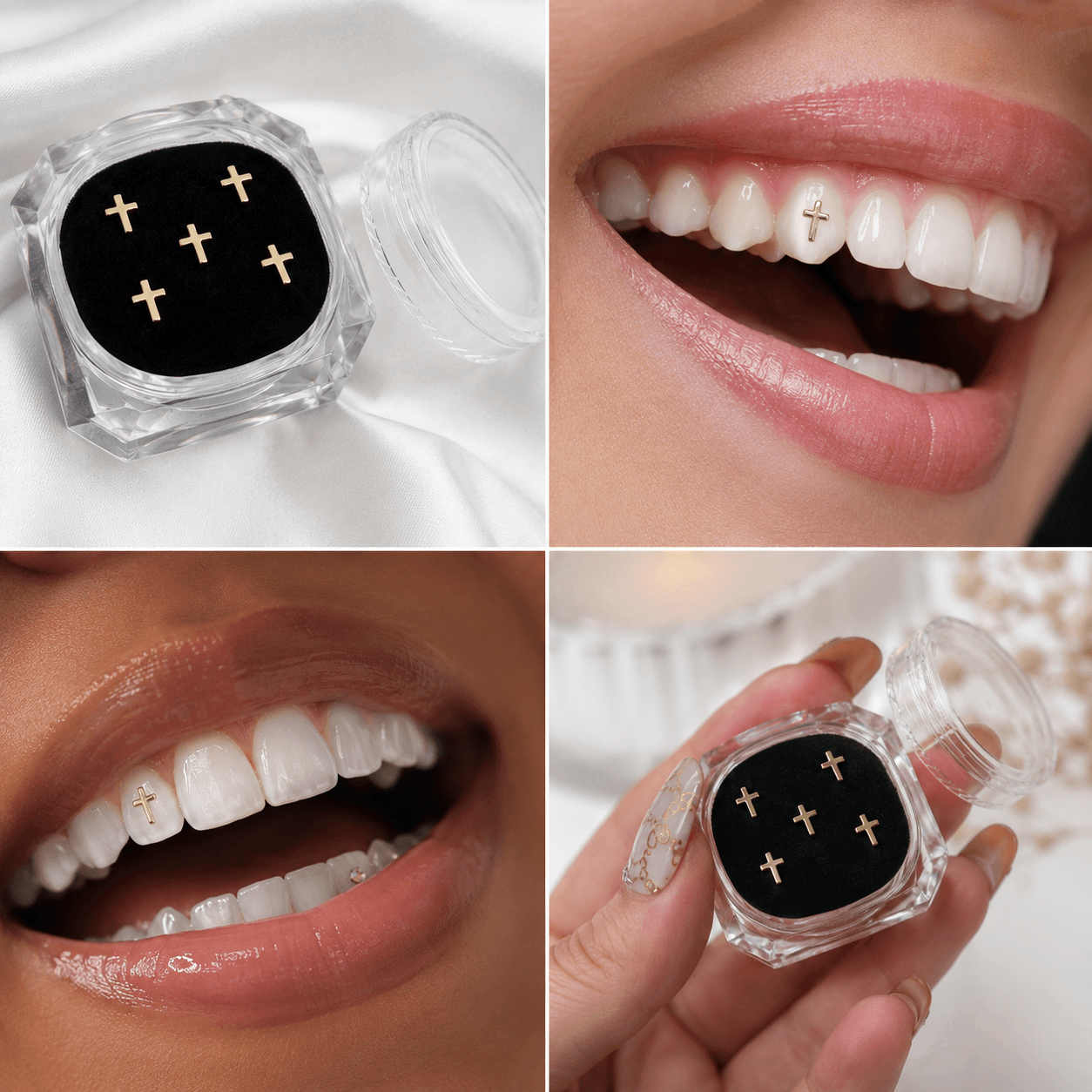 the best trending tooth gem designs. gold and silver cross tooth gems.